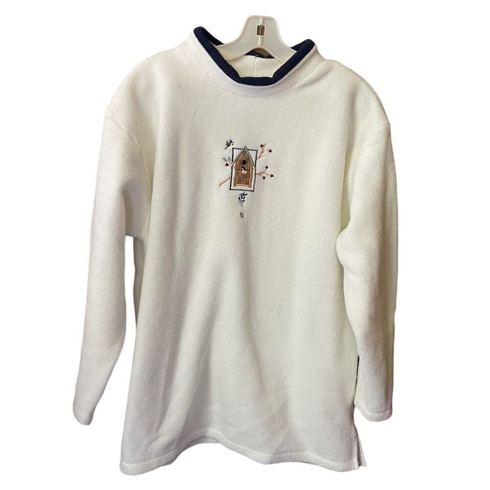 Vintage Top Stitch size XL fleece embroidered pullover birdhouse chickadee